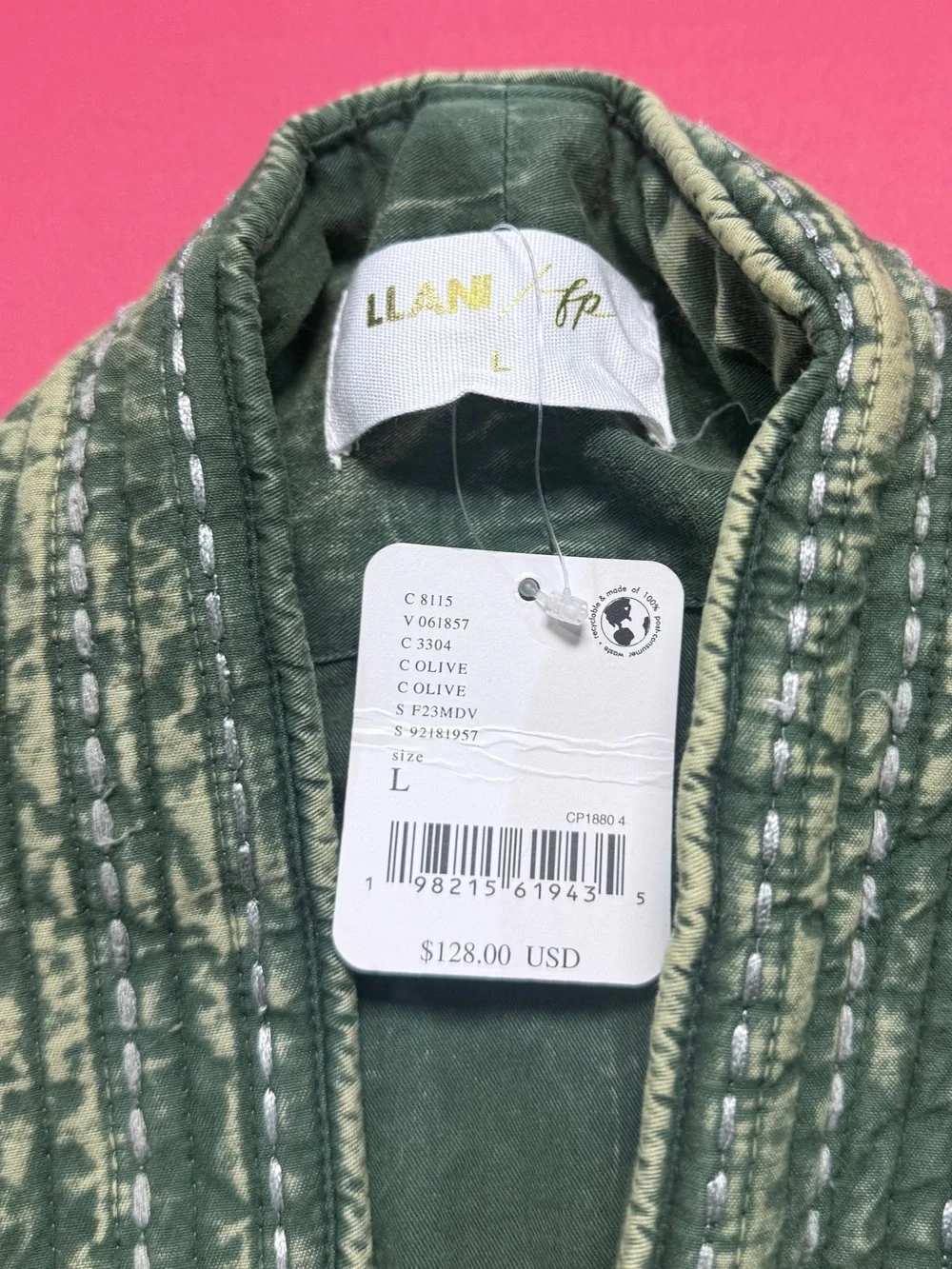 Free People x Llani Rare Quilted Oversized Vest in Olive Green Large NWT
